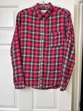 Hollister Women’s pink and navy Plaid Button-Up Shirt - Classic Flannel Style